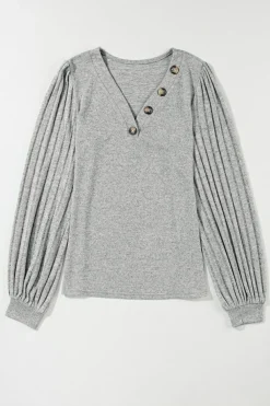 Online Dear-Lover Buttoned V Neck Ribbed Puff Sleeve Top Light Grey
