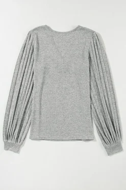 Online Dear-Lover Buttoned V Neck Ribbed Puff Sleeve Top Light Grey