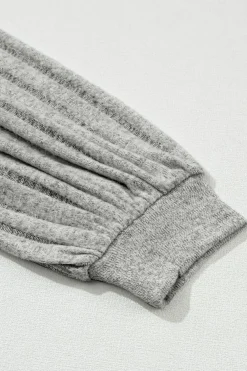 Online Dear-Lover Buttoned V Neck Ribbed Puff Sleeve Top Light Grey