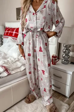 Best Dear-Lover Christmas Printed Shirt and Pants Pajama Set Light Grey