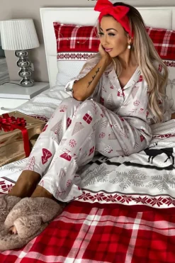 Best Dear-Lover Christmas Printed Shirt and Pants Pajama Set Light Grey