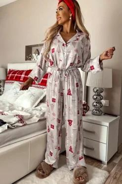 Best Dear-Lover Christmas Printed Shirt and Pants Pajama Set Light Grey