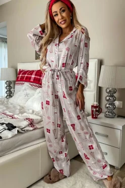 Best Dear-Lover Christmas Printed Shirt and Pants Pajama Set Light Grey