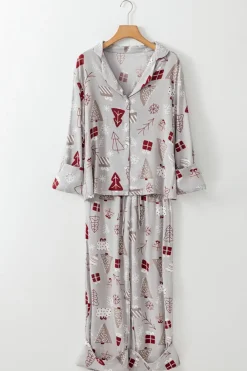Best Dear-Lover Christmas Printed Shirt and Pants Pajama Set Light Grey