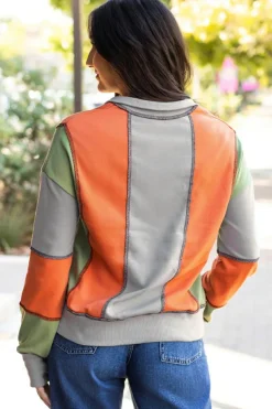 Outlet Dear-Lover Color Block Stitching Detail Half Zipper Sweatshirt Light Grey