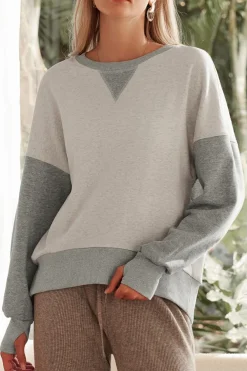 Best Dear-Lover Color Block Thumbhole Sleeve Drop Shoulder Sweatshirt Light Grey