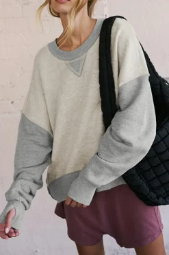 Best Dear-Lover Color Block Thumbhole Sleeve Drop Shoulder Sweatshirt Light Grey