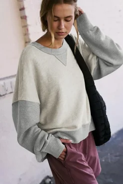 Best Dear-Lover Color Block Thumbhole Sleeve Drop Shoulder Sweatshirt Light Grey