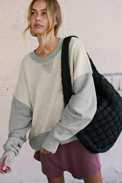 Best Dear-Lover Color Block Thumbhole Sleeve Drop Shoulder Sweatshirt Light Grey