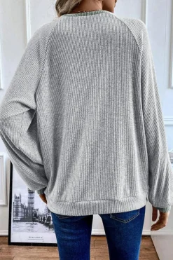New Dear-Lover Color Contrast Ribbed Loose Fit Long Sleeve Top Light Grey
