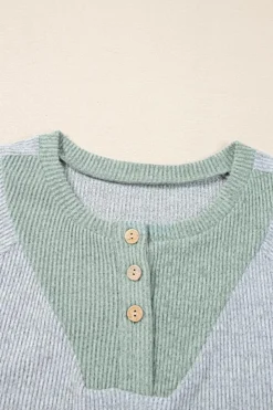 New Dear-Lover Color Contrast Ribbed Loose Fit Long Sleeve Top Light Grey