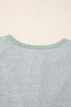New Dear-Lover Color Contrast Ribbed Loose Fit Long Sleeve Top Light Grey
