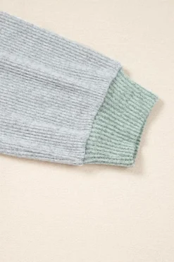 New Dear-Lover Color Contrast Ribbed Loose Fit Long Sleeve Top Light Grey