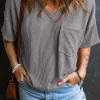 Outlet Dear-Lover Corded V Neck Chest Pocket Loose T-shirt Light Grey