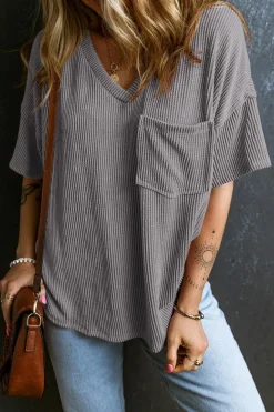 Outlet Dear-Lover Corded V Neck Chest Pocket Loose T-shirt Light Grey