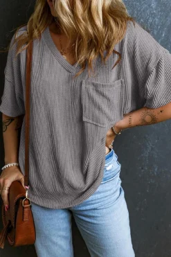 Outlet Dear-Lover Corded V Neck Chest Pocket Loose T-shirt Light Grey