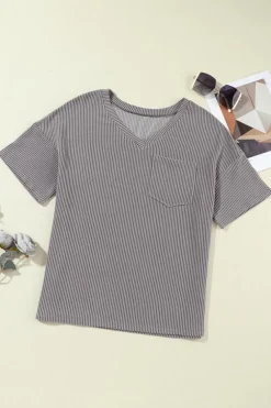 Outlet Dear-Lover Corded V Neck Chest Pocket Loose T-shirt Light Grey