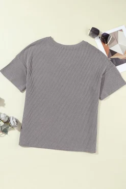 Outlet Dear-Lover Corded V Neck Chest Pocket Loose T-shirt Light Grey