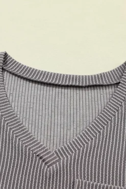 Outlet Dear-Lover Corded V Neck Chest Pocket Loose T-shirt Light Grey