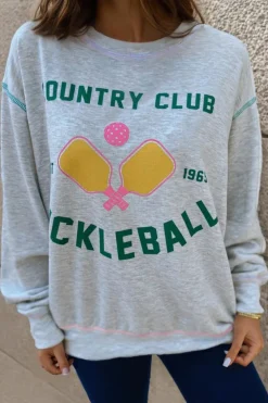 Clearance Dear-Lover COUNTRY CLUB PICKLEBALL Graphic Exposed Stitching Casual Sweatshirt Light Grey