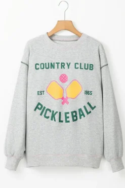 Clearance Dear-Lover COUNTRY CLUB PICKLEBALL Graphic Exposed Stitching Casual Sweatshirt Light Grey