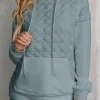 Best Dear-Lover Drop Shoulder Quilted Patchwork Kangaroo Pocket Hoodie Light Grey