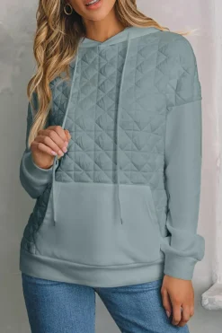 Best Dear-Lover Drop Shoulder Quilted Patchwork Kangaroo Pocket Hoodie Light Grey