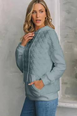 Best Dear-Lover Drop Shoulder Quilted Patchwork Kangaroo Pocket Hoodie Light Grey