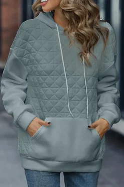 Best Dear-Lover Drop Shoulder Quilted Patchwork Kangaroo Pocket Hoodie Light Grey