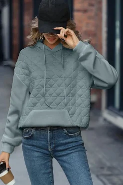 Best Dear-Lover Drop Shoulder Quilted Patchwork Kangaroo Pocket Hoodie Light Grey
