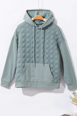 Best Dear-Lover Drop Shoulder Quilted Patchwork Kangaroo Pocket Hoodie Light Grey