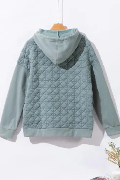 Best Dear-Lover Drop Shoulder Quilted Patchwork Kangaroo Pocket Hoodie Light Grey