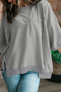 Clearance Dear-Lover Exposed Seam Chest Pocket Split Loose T Shirt Light Grey