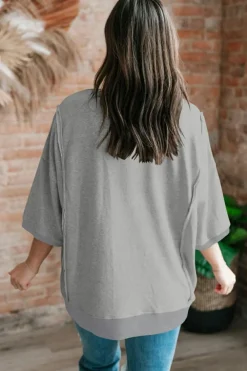 Clearance Dear-Lover Exposed Seam Chest Pocket Split Loose T Shirt Light Grey