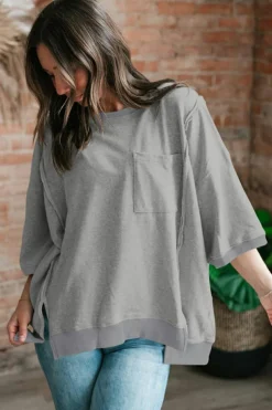 Clearance Dear-Lover Exposed Seam Chest Pocket Split Loose T Shirt Light Grey
