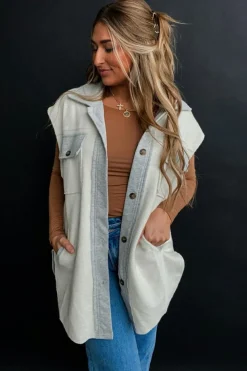 Discount Dear-Lover Flap Pockets Contrast Buttons Front Jacket Vest Light Grey