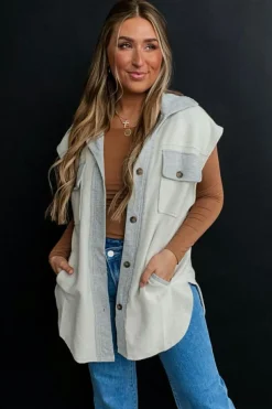Discount Dear-Lover Flap Pockets Contrast Buttons Front Jacket Vest Light Grey
