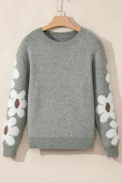 Outlet Dear-Lover Flower Sleeve Drop Shoulder Sweater Light Grey