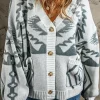 Discount Dear-Lover Geometric Pattern Ribbed Trim Button-Up Cardigan Light Grey