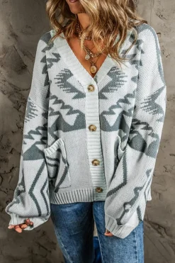Discount Dear-Lover Geometric Pattern Ribbed Trim Button-Up Cardigan Light Grey