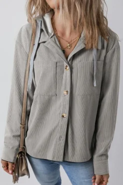 Discount Dear-Lover Hooded Drawstring Pockets Corduroy Shacket Light Grey