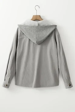 Discount Dear-Lover Hooded Drawstring Pockets Corduroy Shacket Light Grey