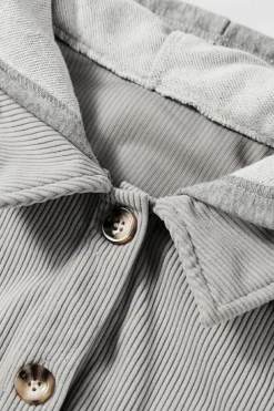 Discount Dear-Lover Hooded Drawstring Pockets Corduroy Shacket Light Grey