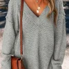 Hot Dear-Lover Loose Eyelet V Neck Drop Shoulder Sweater Light Grey