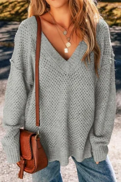 Hot Dear-Lover Loose Eyelet V Neck Drop Shoulder Sweater Light Grey