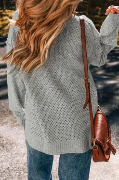 Hot Dear-Lover Loose Eyelet V Neck Drop Shoulder Sweater Light Grey