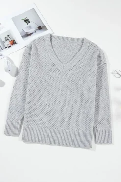 Hot Dear-Lover Loose Eyelet V Neck Drop Shoulder Sweater Light Grey