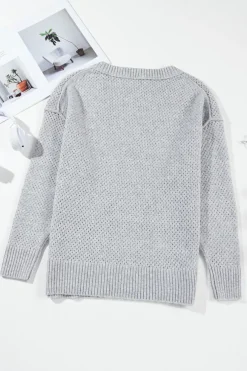 Hot Dear-Lover Loose Eyelet V Neck Drop Shoulder Sweater Light Grey