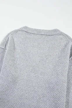 Hot Dear-Lover Loose Eyelet V Neck Drop Shoulder Sweater Light Grey