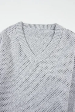 Hot Dear-Lover Loose Eyelet V Neck Drop Shoulder Sweater Light Grey